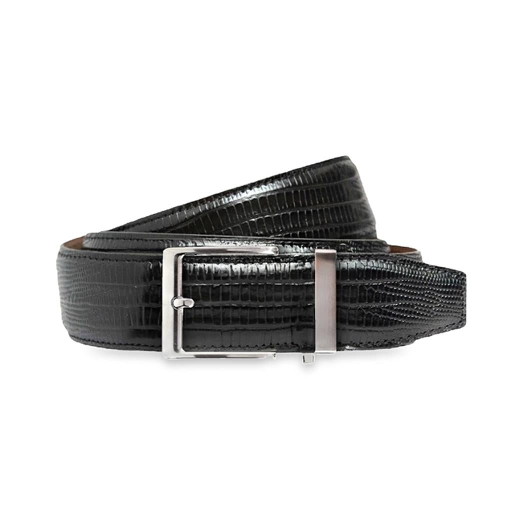 40mm Black Lizard Leather Belt with Matching Stitching – 44 Length with Italian Screws