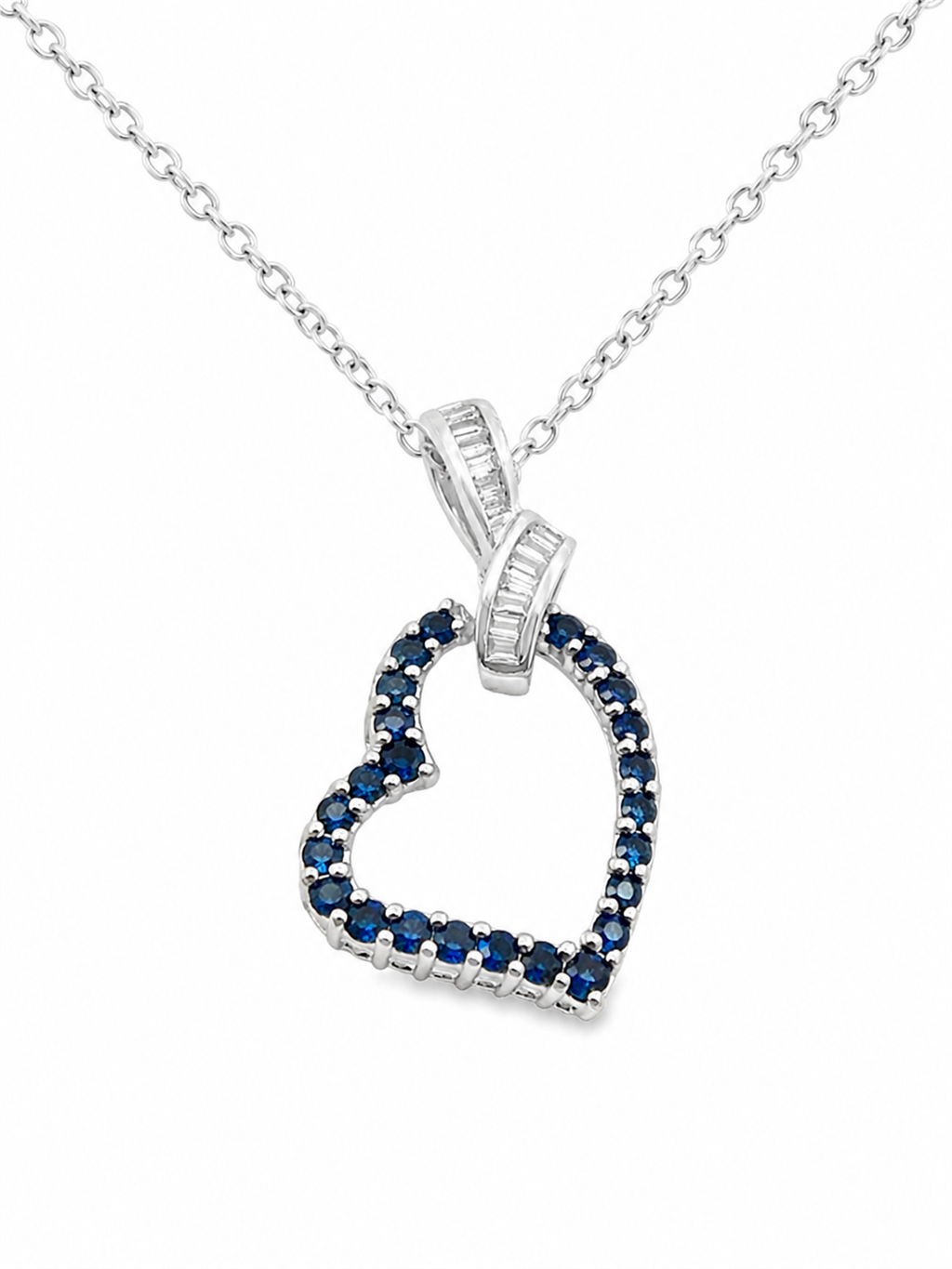 18kt White Gold Sapphire & Baguette Diamond Heart Pendant
