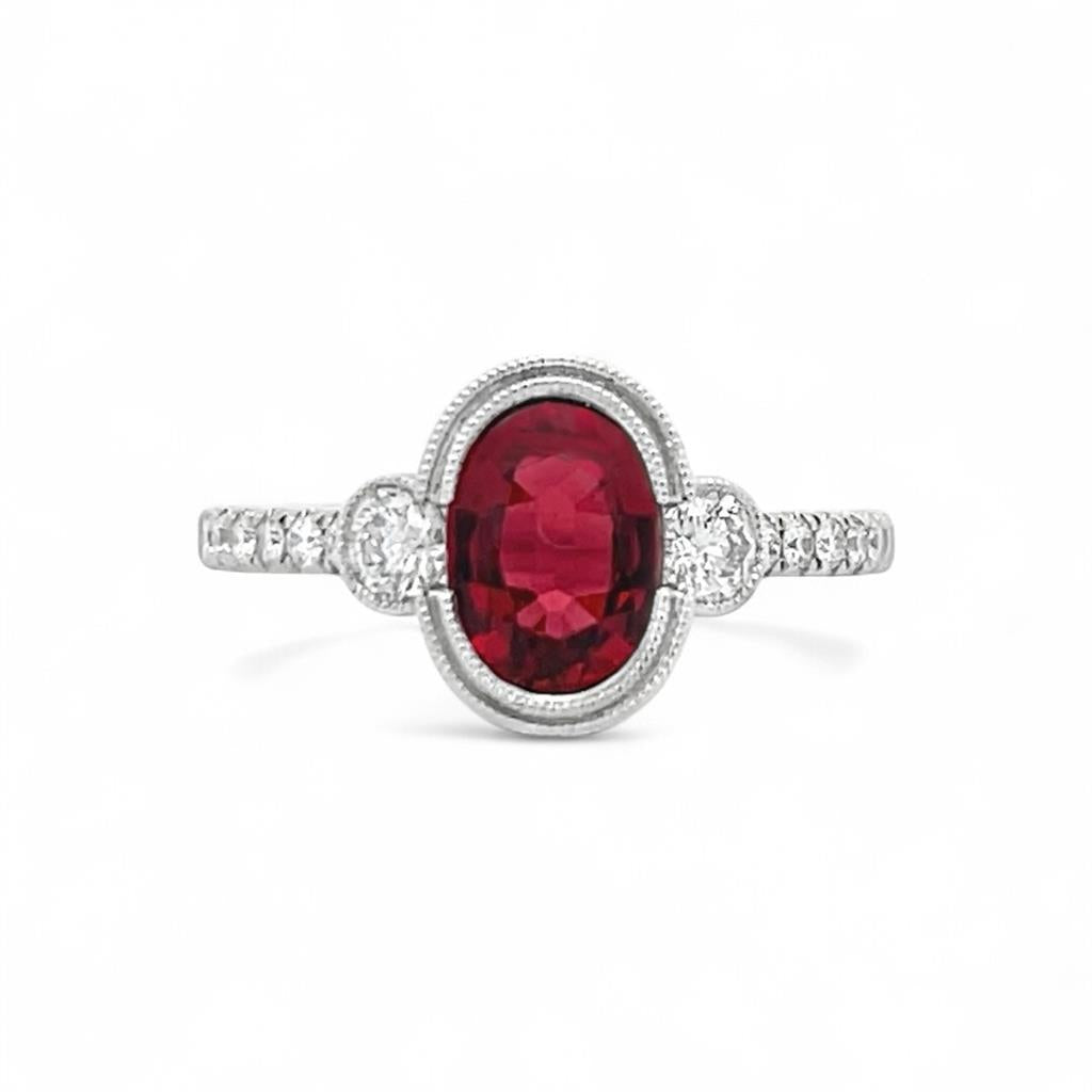 14Kt White Gold Oval Spinel & Diamond Milgrain Edge Fashion Ring