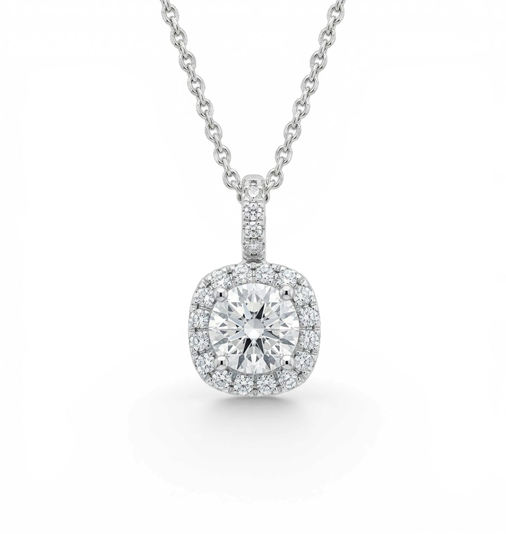 18kt White Gold Cushion Halo Diamond Pendant 