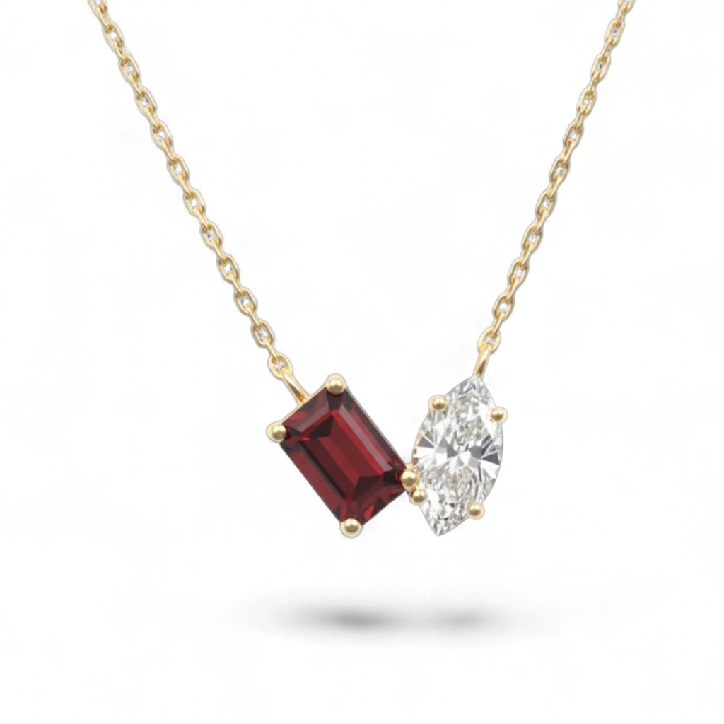 14KT Yellow Gold Garnet And Marquise Diamond Necklace