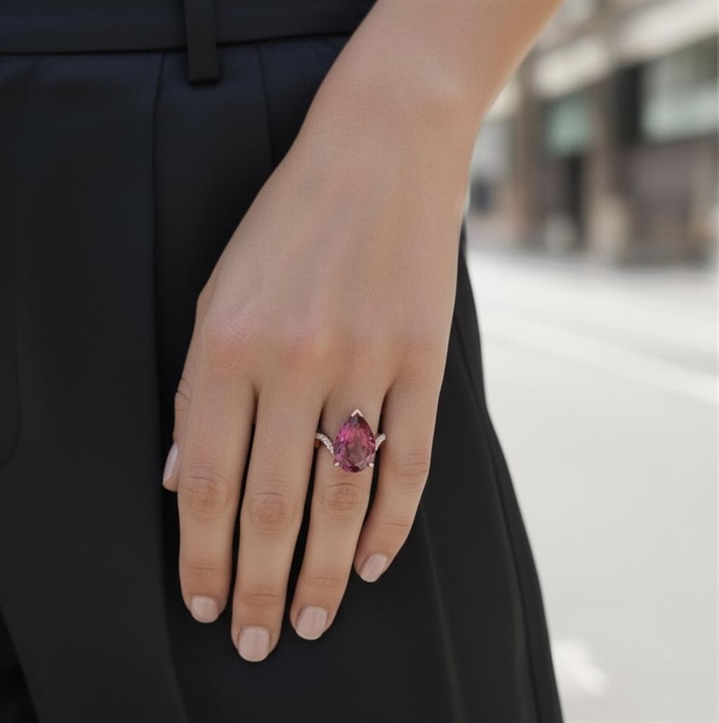 18KT Rose Gold Magnipheasant Rubellite Tourmaline And Diamond Ring
