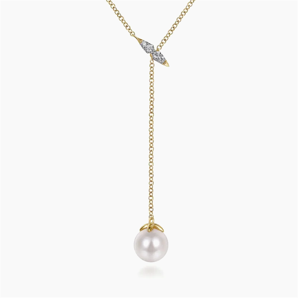 14Kt Yellow Gold Diamond & Pearl Layered Y Necklace