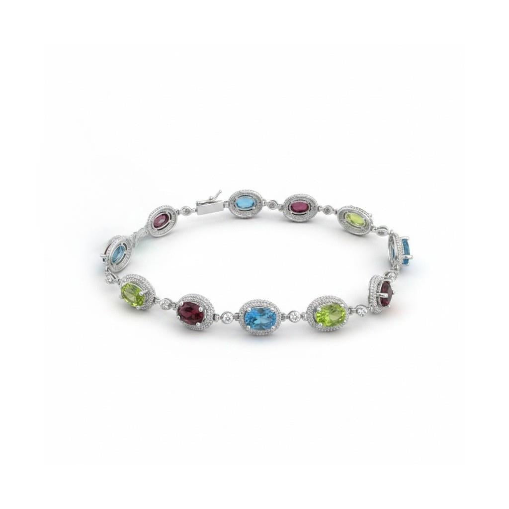 14K White Gold Rhodolite Garnet, Blue Topaz, Peridot & Diamond Bracelet