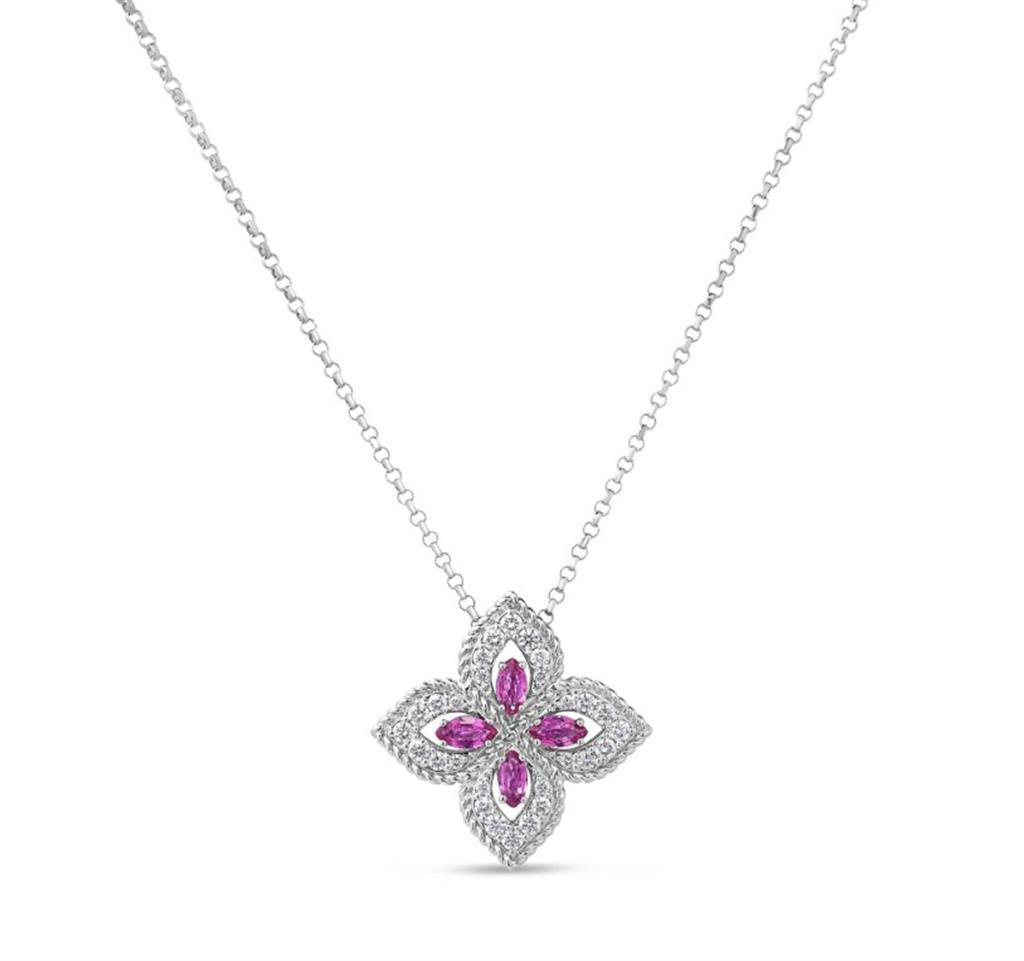 18kt White Gold Princess Flower Pavé Diamond & Pink Sapphire Necklace