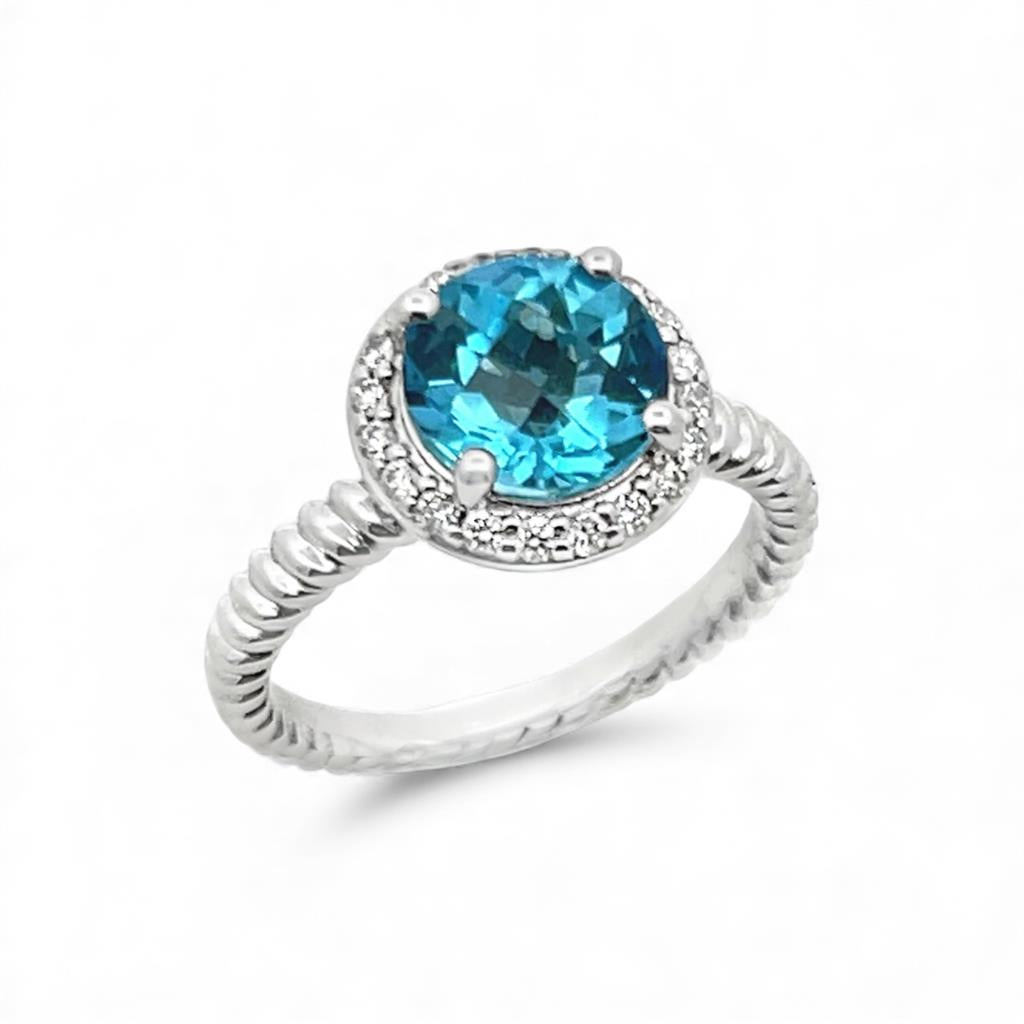 14kt White Gold Swiss Blue Topaz & Diamond Round Halo Fashion Ring