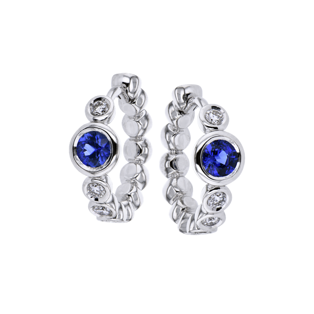 14KT White Gold Sapphire and Diamond Bezel Hoop Earrings