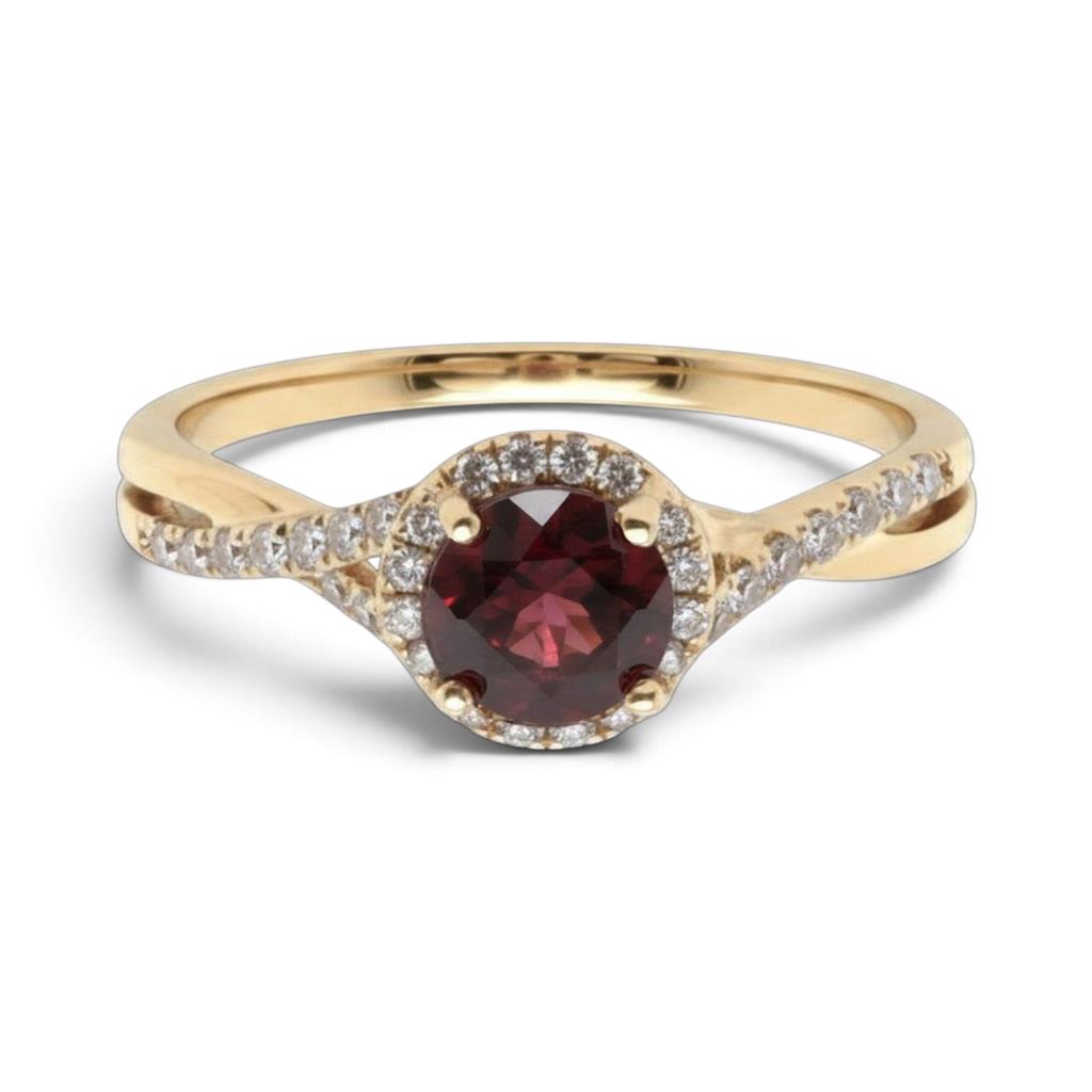 18kt Yellow Gold Garnet & Diamond Twisted Halo Ring