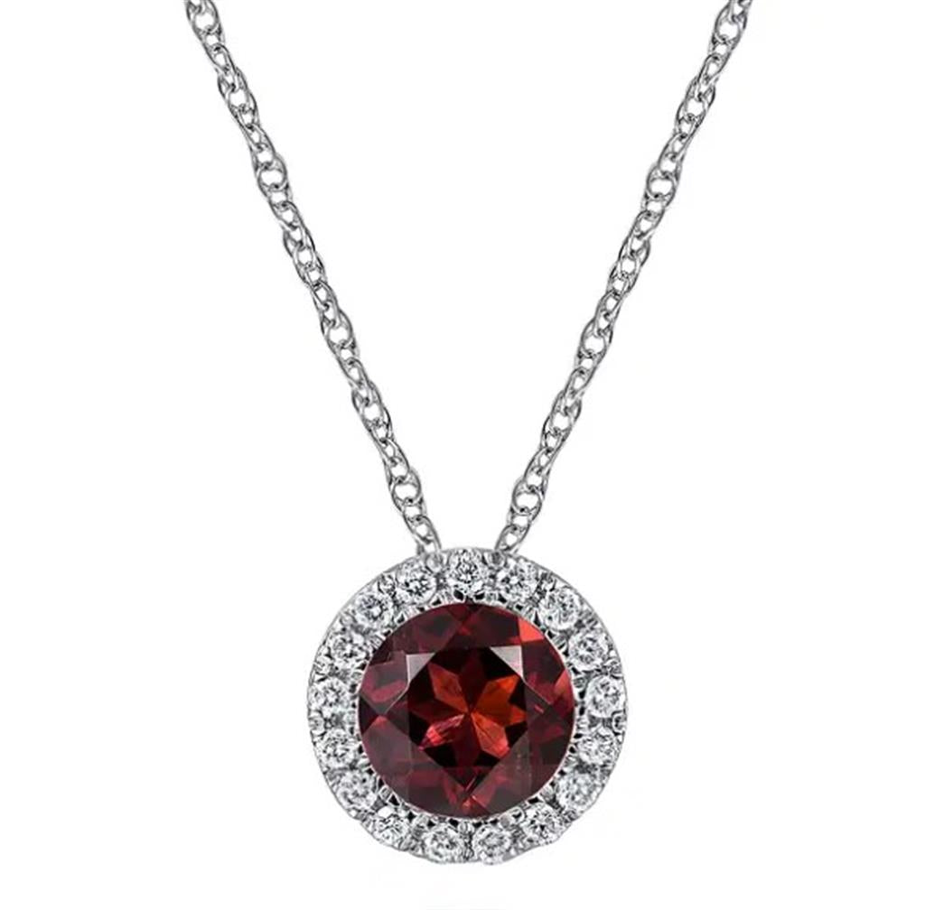 14KT White Gold Garnet and Diamond Halo Pendant Necklace