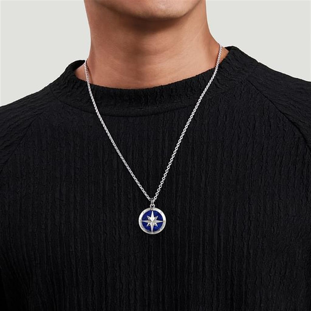 22"  925 Sterling Silver Diamond and Lapis Compass Pendant Necklace