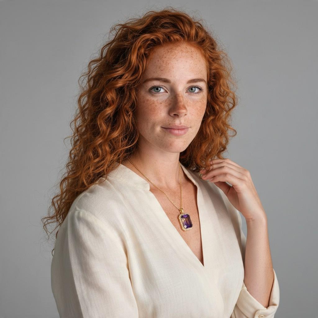 Life style image of woman wearing a Yellow Gold 45.40ct Ametrine & Diamond Halo Pendant
