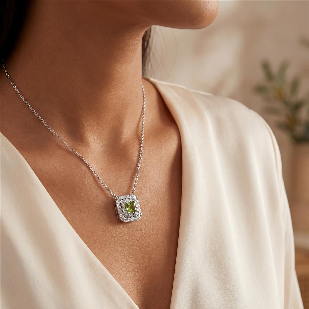 14kt White Gold Peridot & Diamond Double Halo Necklace 