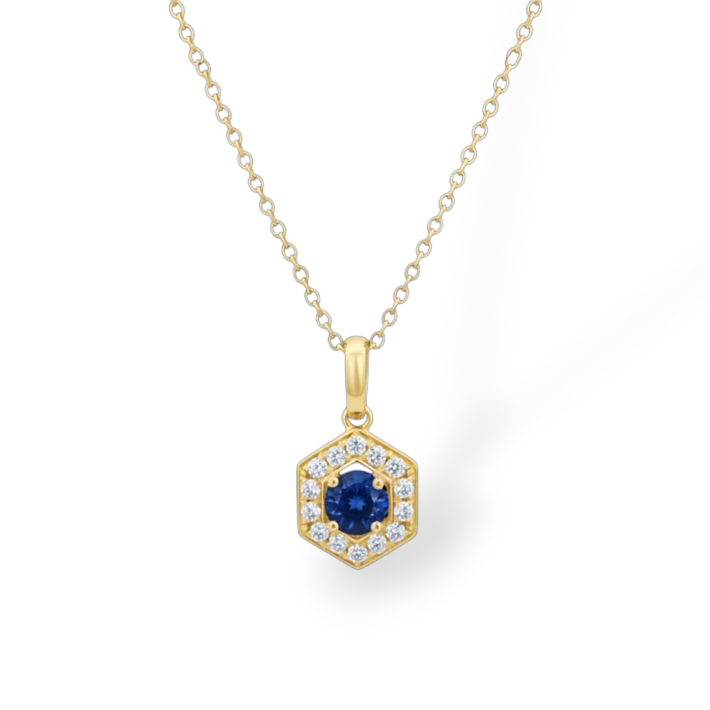 14KT Yellow Gold Sapphire & Diamond Hexagon Halo Pendant