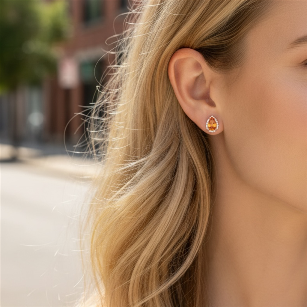 14K Rose Gold Pear-Shaped Imperial Topaz and Diamond Halo Stud Earrings