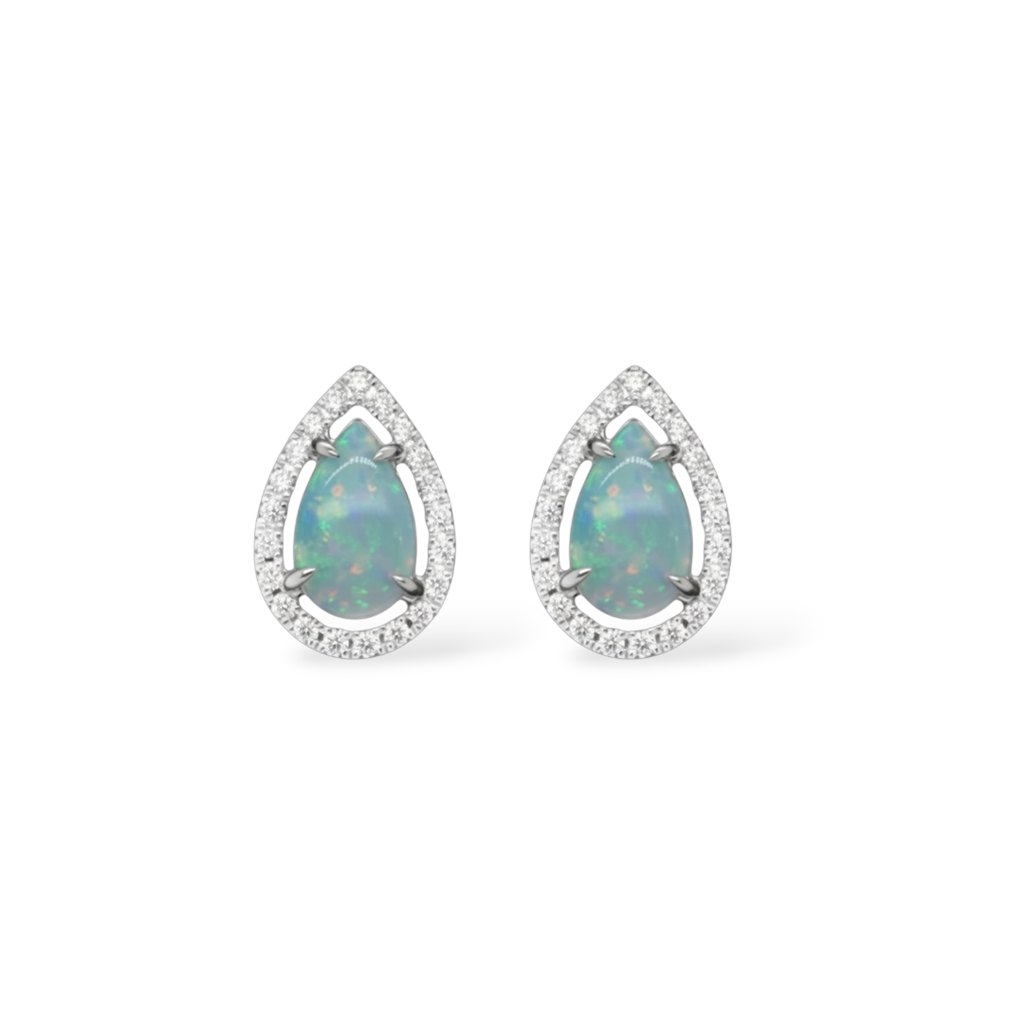 14KT White Gold Diamond And Opal Pear-Shaped Halo Stud Earrings