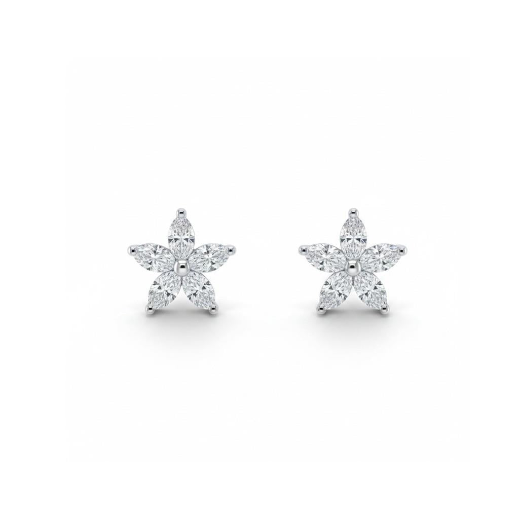 18kt White Gold Marquise Diamond Flower Stud Earrings
