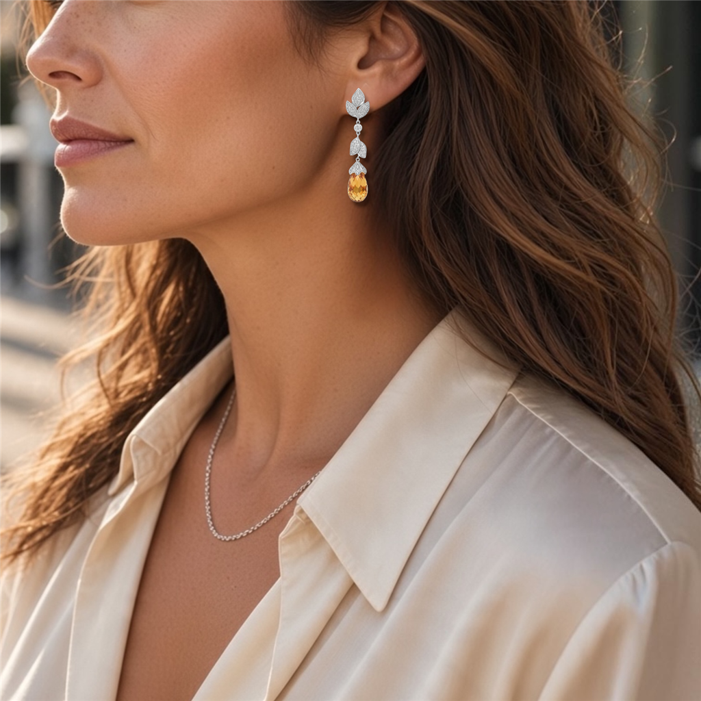 14KT White Gold Citrine and Diamond Dangle Earrings