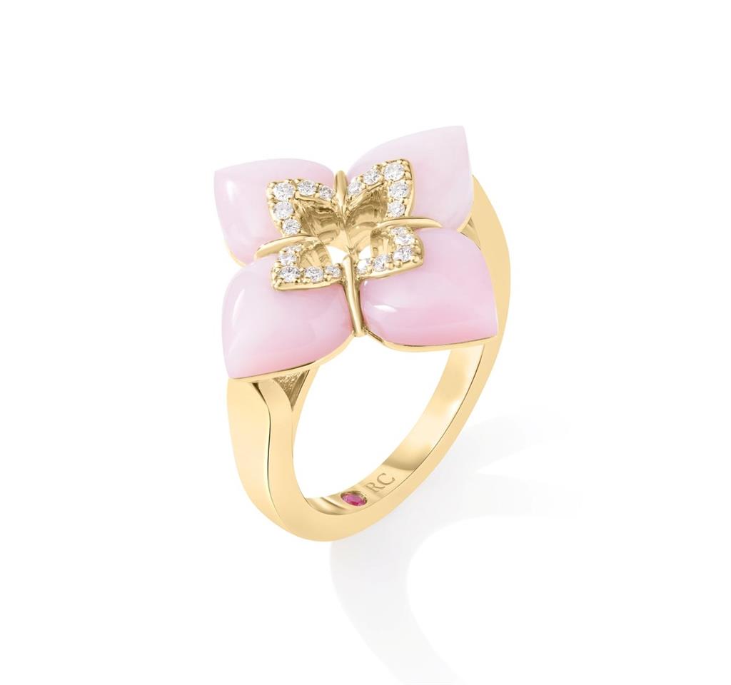 18KT Yellow Gold Roberto Coin Venetian Princess Pink Opal Flower Ring