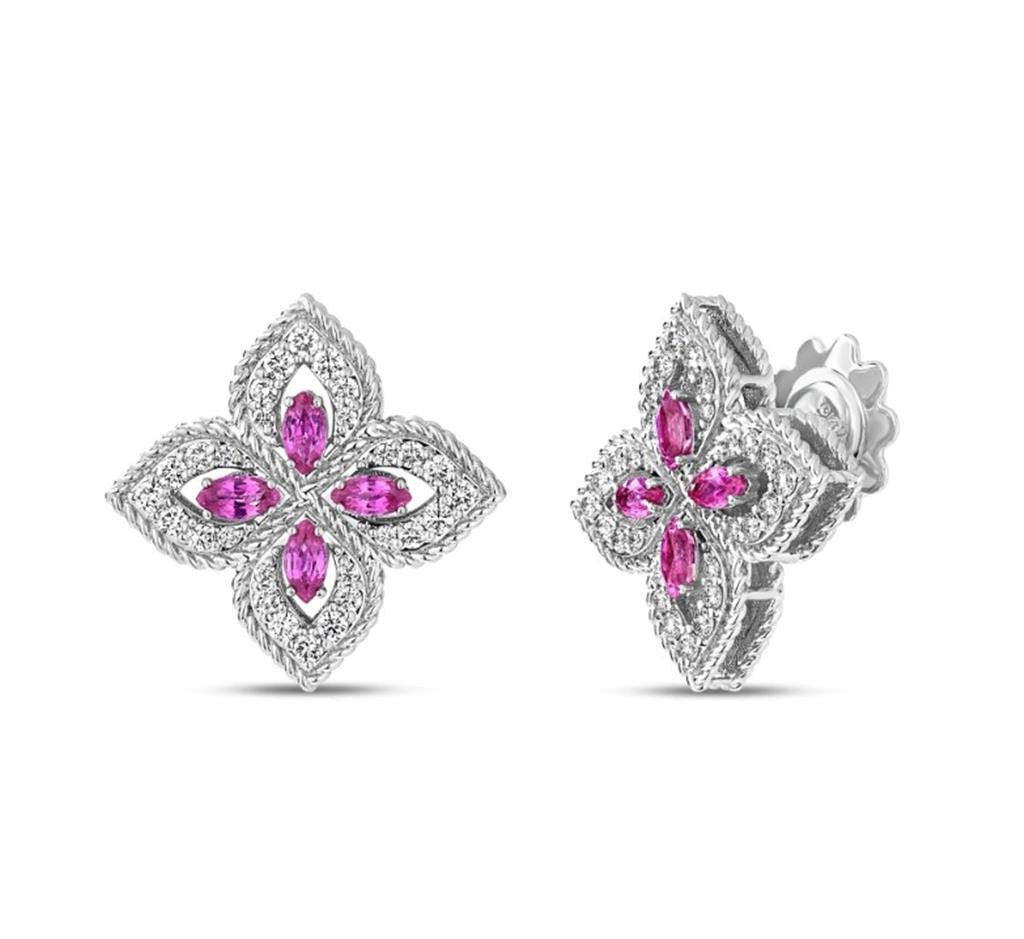 18kt White Gold Princess Flower Pavé Diamond & Pink Sapphire Stud Earrings