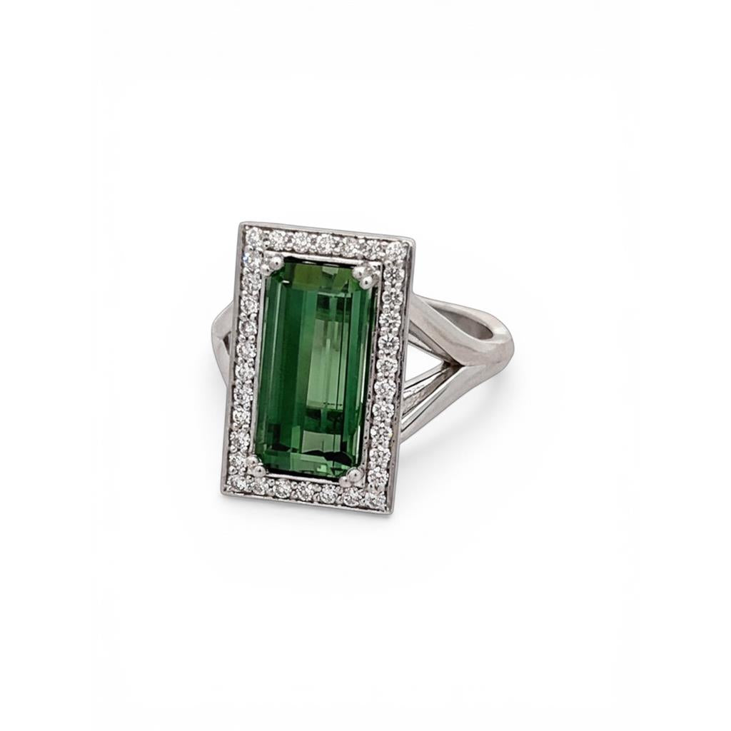 14kt White Gold Green Tourmaline & Diamond Halo Fashion Ring