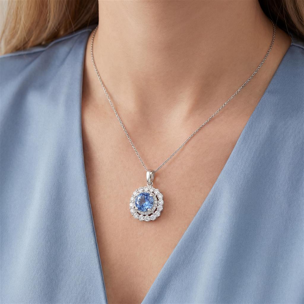 14kt White Gold Tanzanite & Diamond Double Halo Pendant 