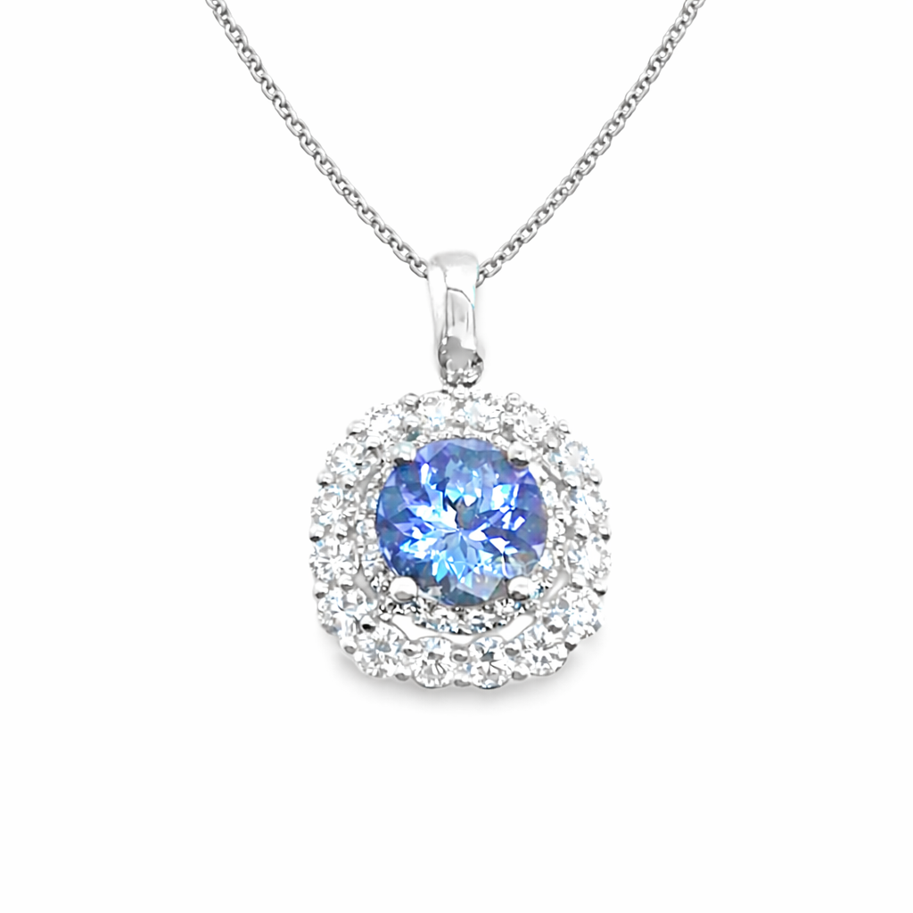 14kt White Gold Tanzanite & Diamond Double Halo Pendant 
