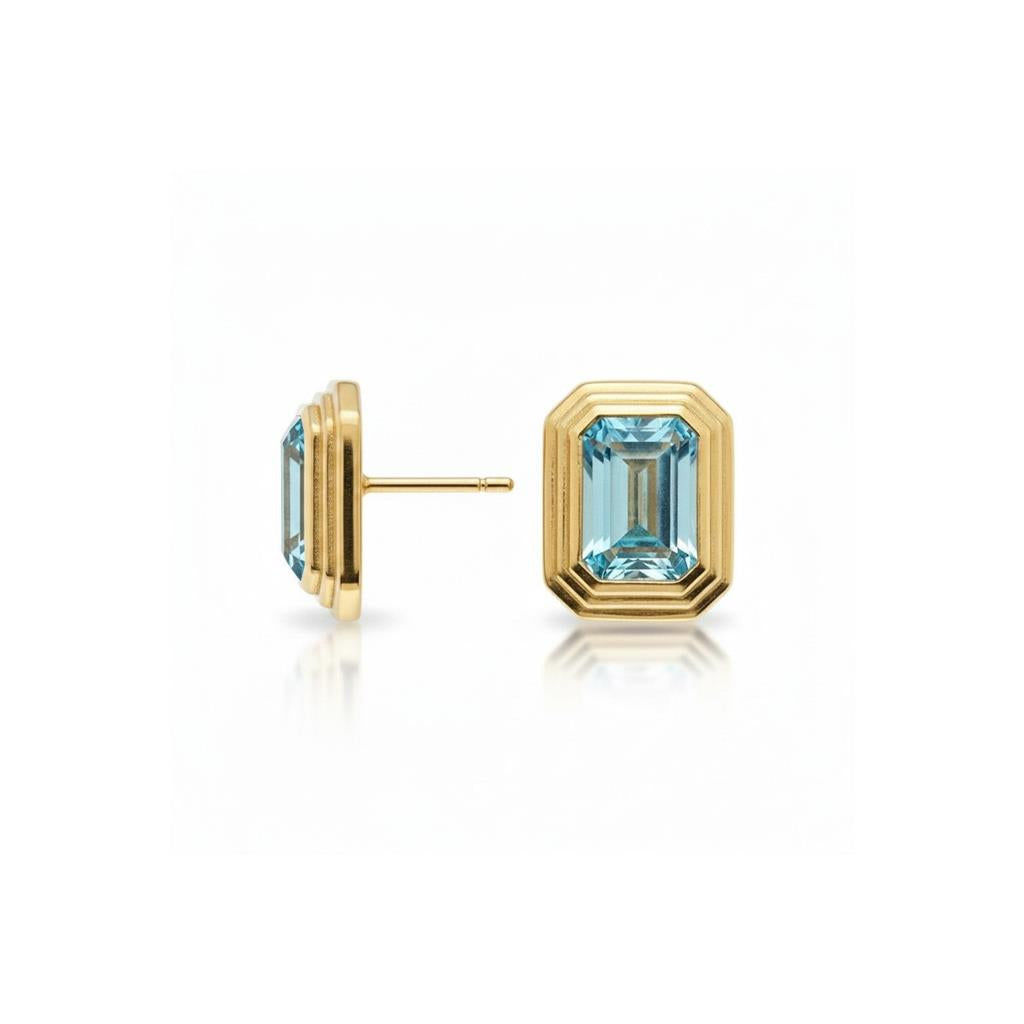 14kt Yellow Gold Bezel-Set Emerald-Cut Blue Topaz Stud Earrings