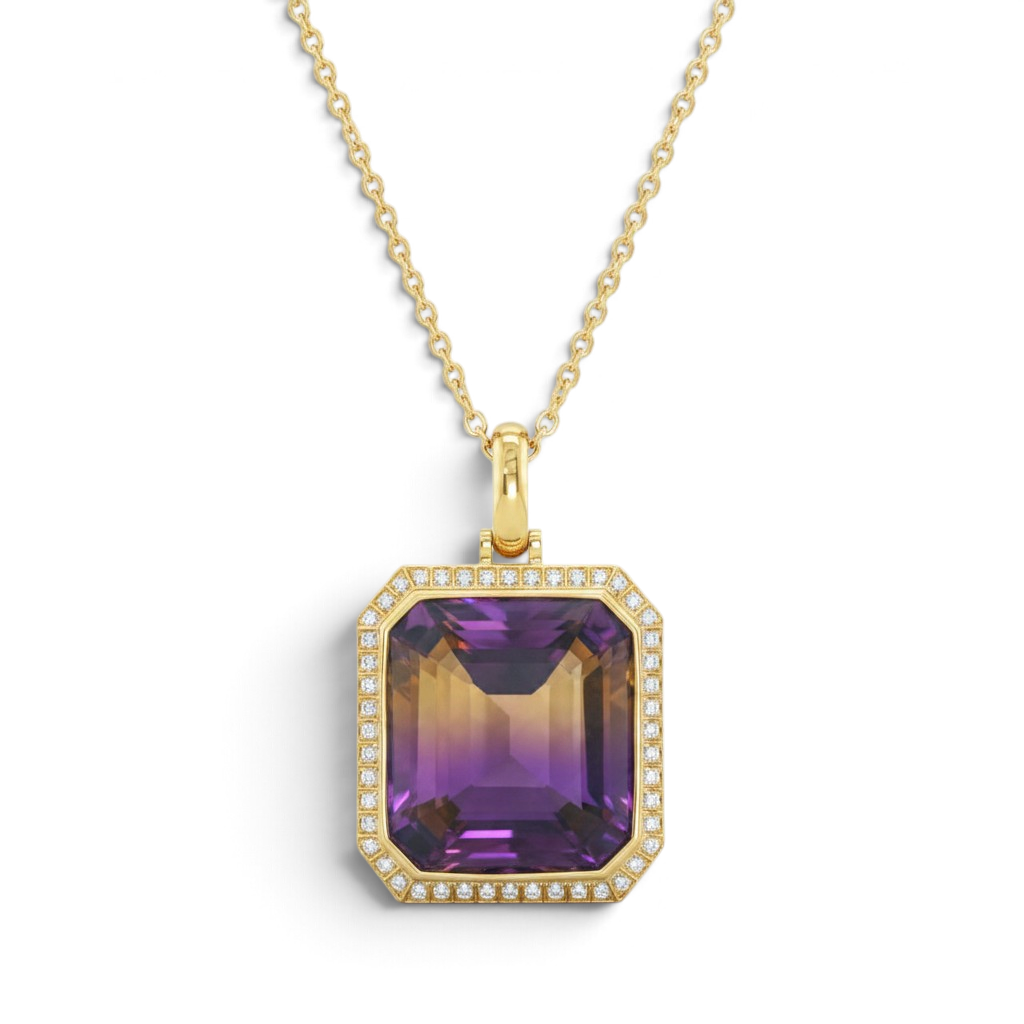 Yellow Gold 45.40ct Ametrine & Diamond Halo Pendant