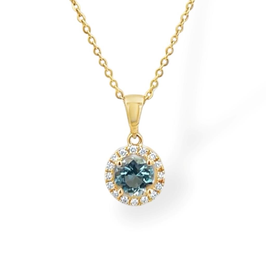 14KT Yellow Gold Aquamarine and Diamond Round Halo Pendant