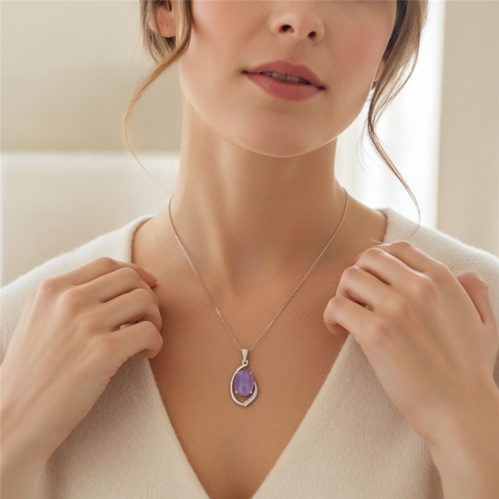 18KT White Gold Diamond And Purple Jade Pendant