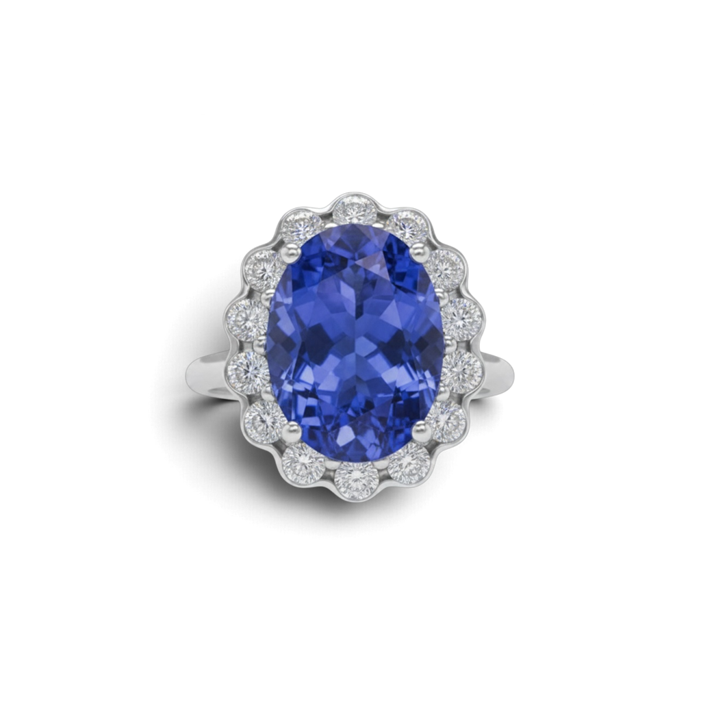 18KT White Gold 6.96ct Tanzanite & 1.00ct Diamond Oval Halo Ring