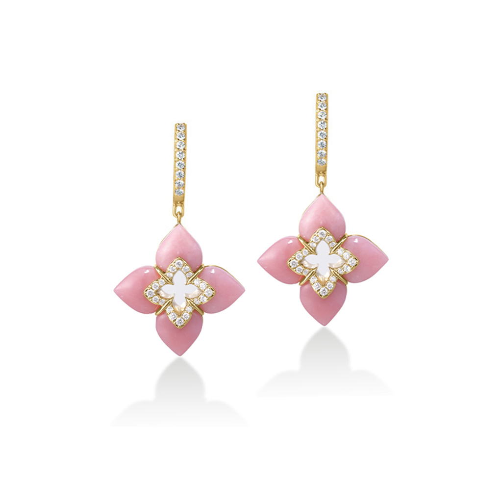 18KT Yellow Gold Venetian Princess Diamond & Pink Opal Flower Dangle Earrings