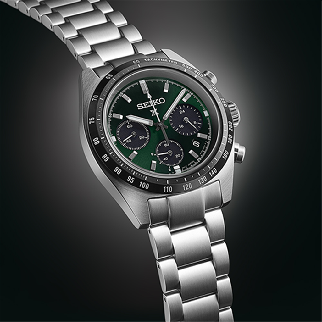 Seiko Prospex Speedtimer Stainless Steel Green Index Dial Watch - closer view
