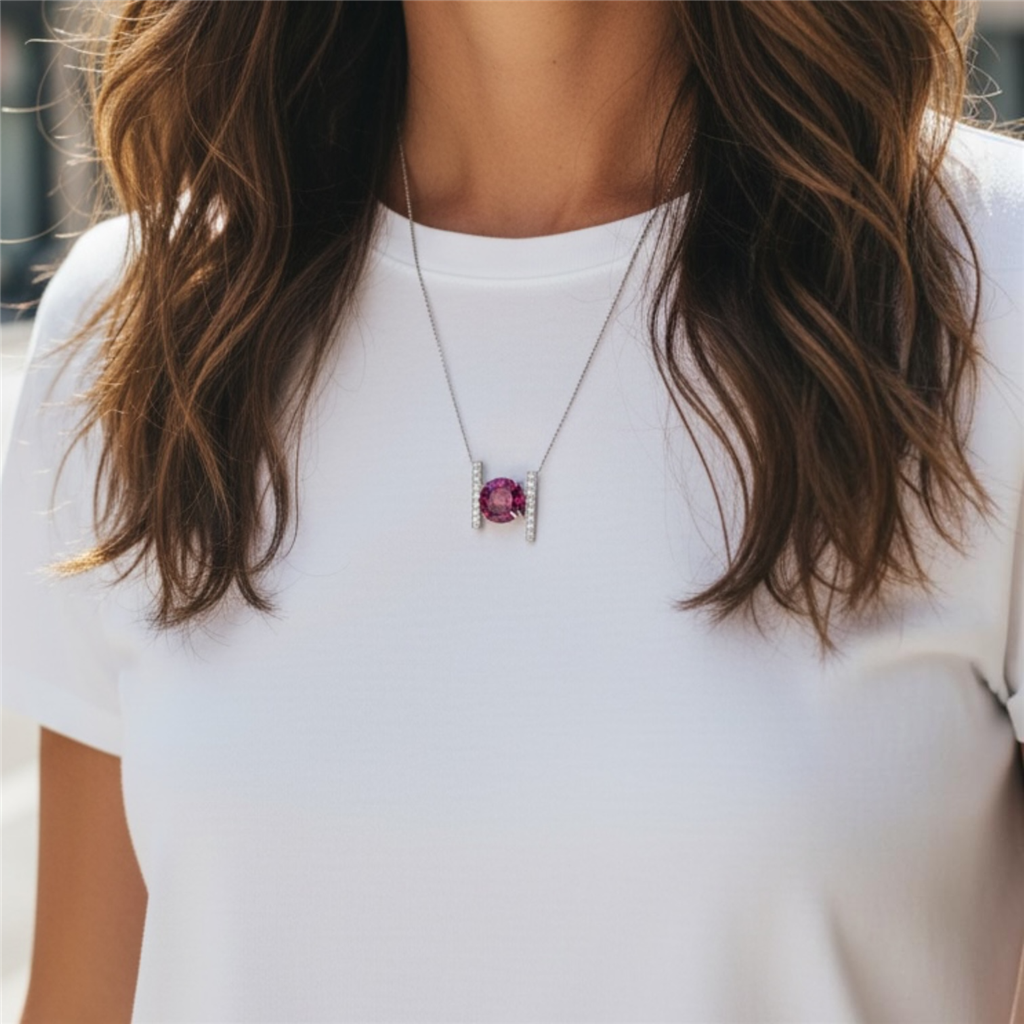 14KT White Gold Diamond And Pink Tourmaline Necklace