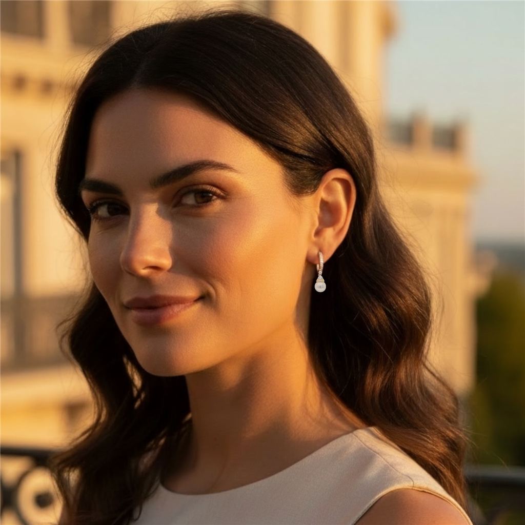 14Kt Yellow Gold Diamond Huggie Hoop Pearl Dangle Earrings