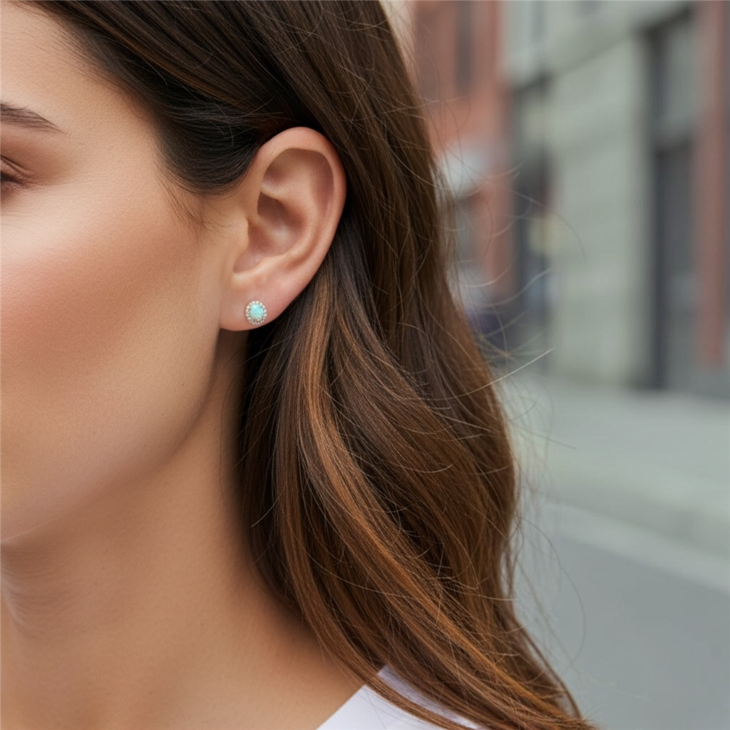 14KT Yellow Gold Diamond And Opal Halo Earrings