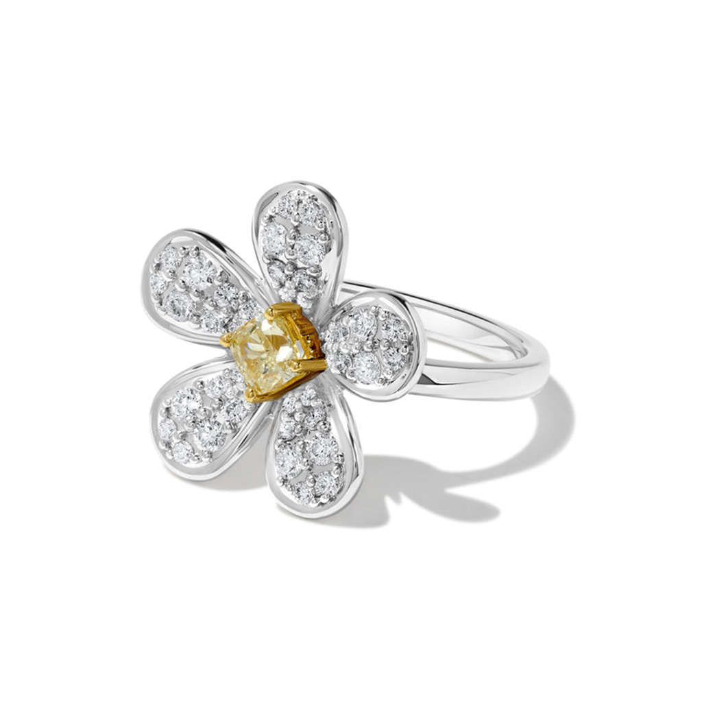18kt Two-Tone White & Yellow Gold Diamond Pavé Flower Ring
