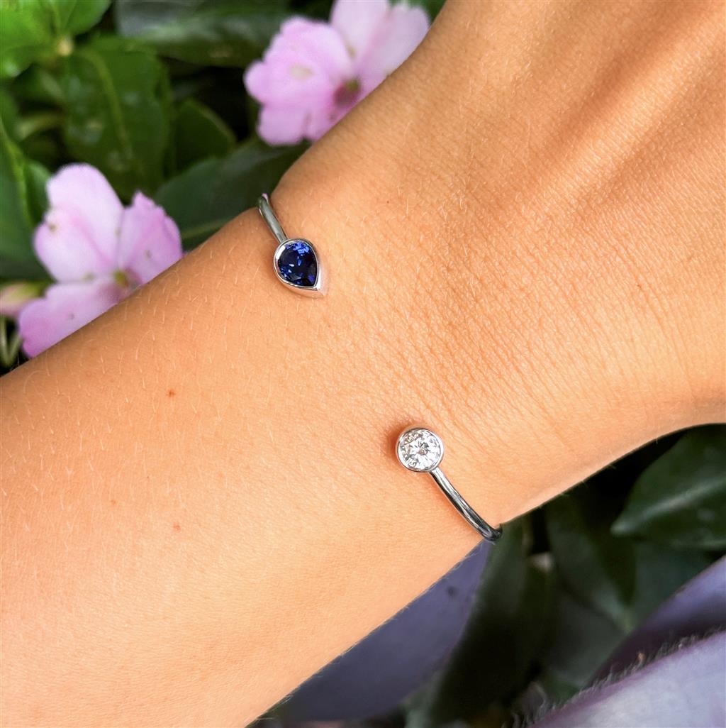 14KT White Gold Bezel Set Diamond And Sapphire Cuff Bracelet