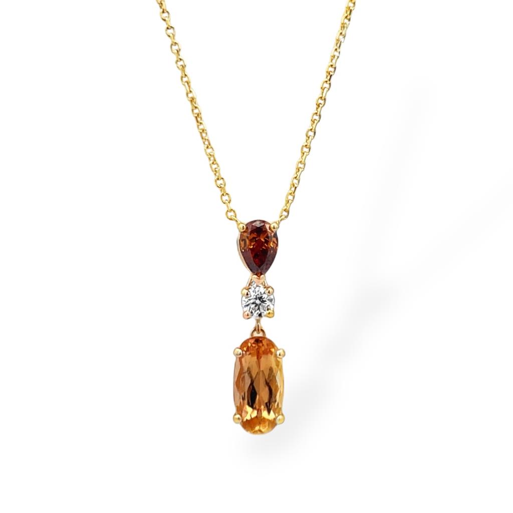 14KT Yellow Gold 3 Stone Diamond and Imperial Topaz Necklace