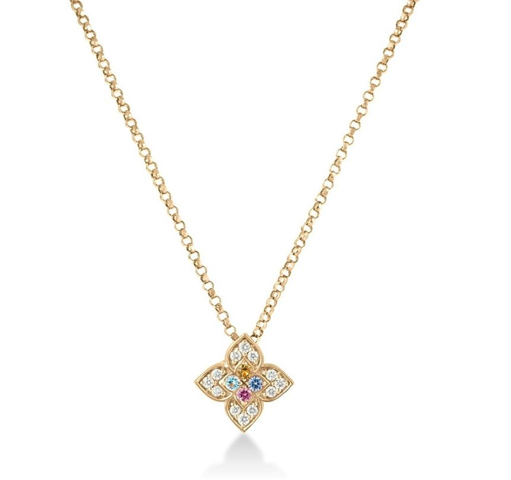 18kt Yellow Gold Venetian Princess Carnival Flower Necklace – Multi-Gemstone Diamond Pendant, 17"
