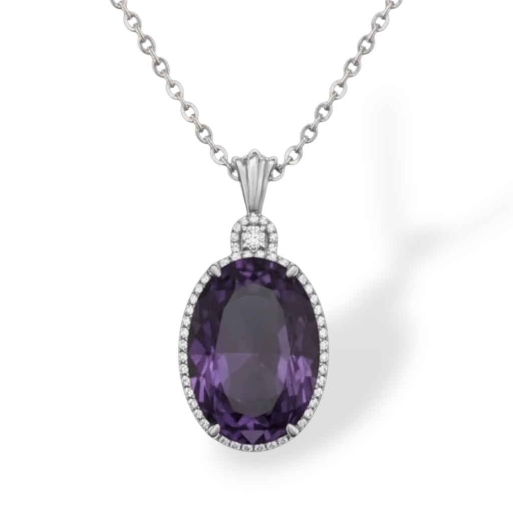 14KT White Gold Amethyst And Diamond Halo Pendant