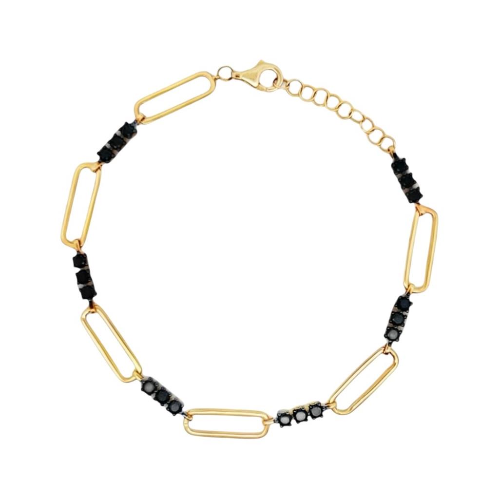 14kt Yellow Gold Black Diamond Paperclip Chain Bracelet – 1.34ct Total, Adjustable 6.5–7.5"