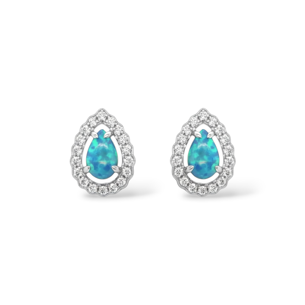14KT White Gold Pear-Shaped Opal And Diamond Halo Stud Earrings