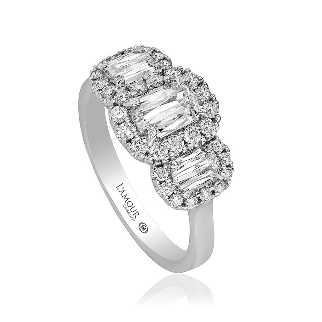 18kt White Gold L’Amour Crisscut® 3-Stone Halo Engagement Ring