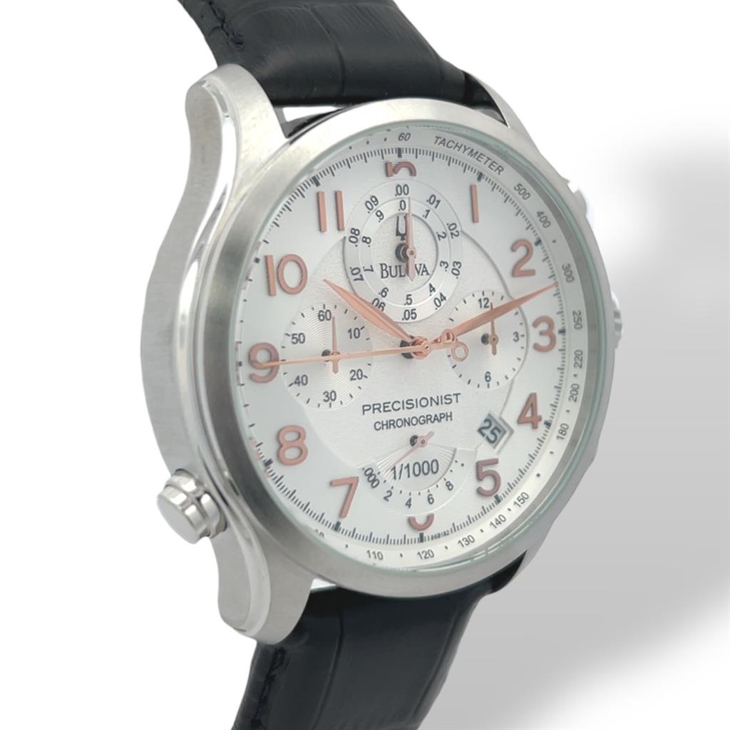 Certified Authentic Bulova Precisionist 46.5mm White Dial Leather Strap Watch