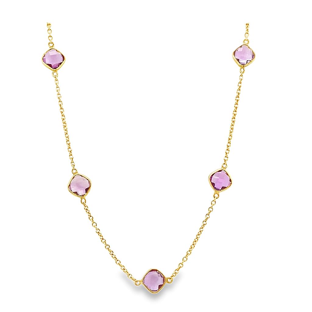 18kt Yellow Gold 7-Stone Bezel-Set Cushion-Cut Amethyst Station Necklace – 16"
