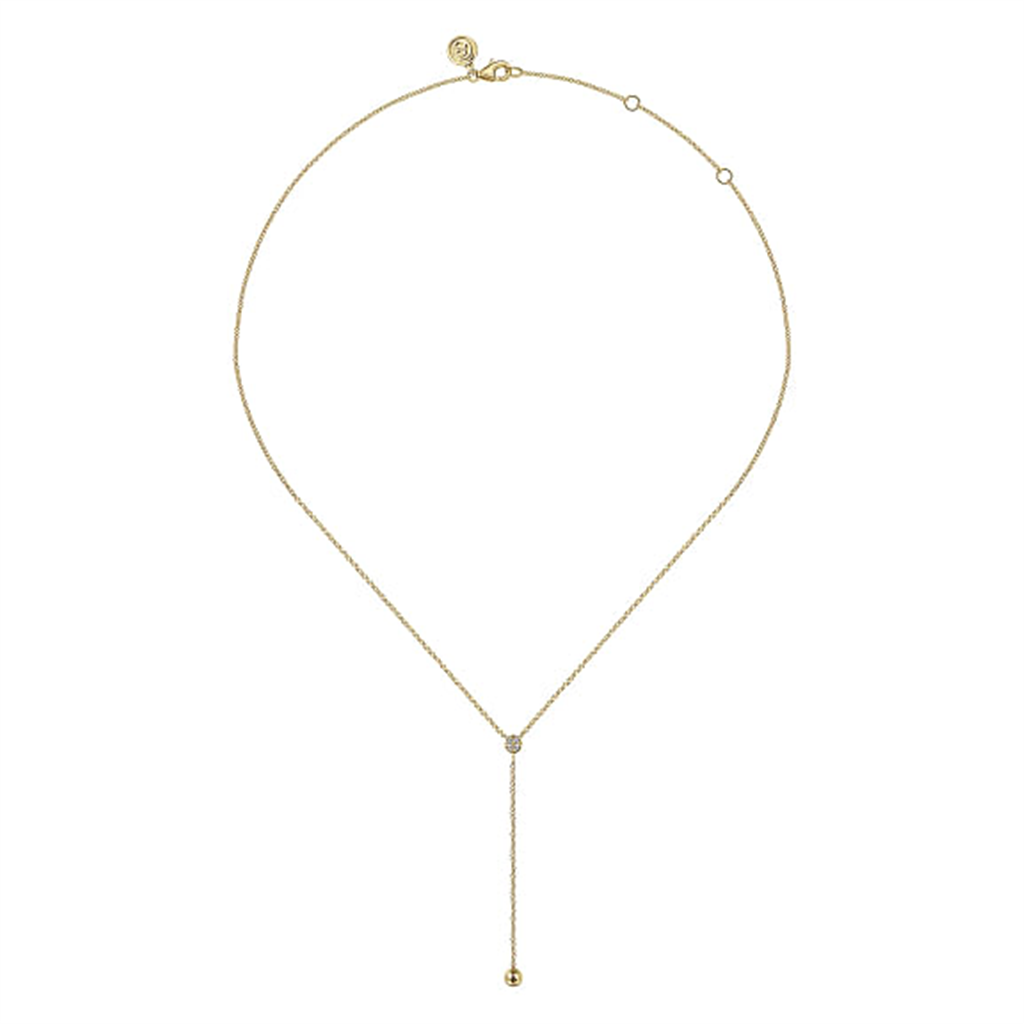 14K Yellow Gold Diamond Y-Knot Necklace with Hollow Gold Bead 