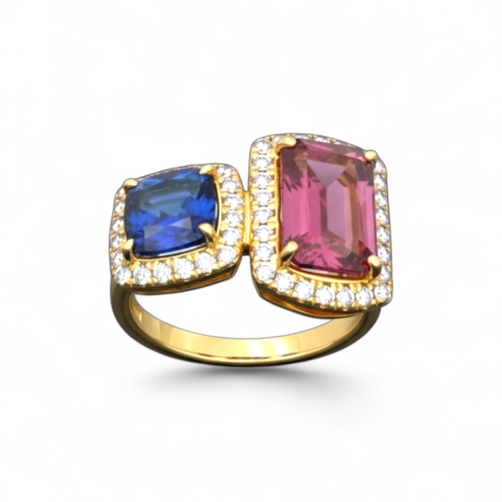 14KT Yellow Gold Watermelon Tourmaline And Tanzanite Toi Et Moi Ring