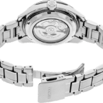 Seiko watch with stainless steel band showcasing intricate movement through a transparent case back.
