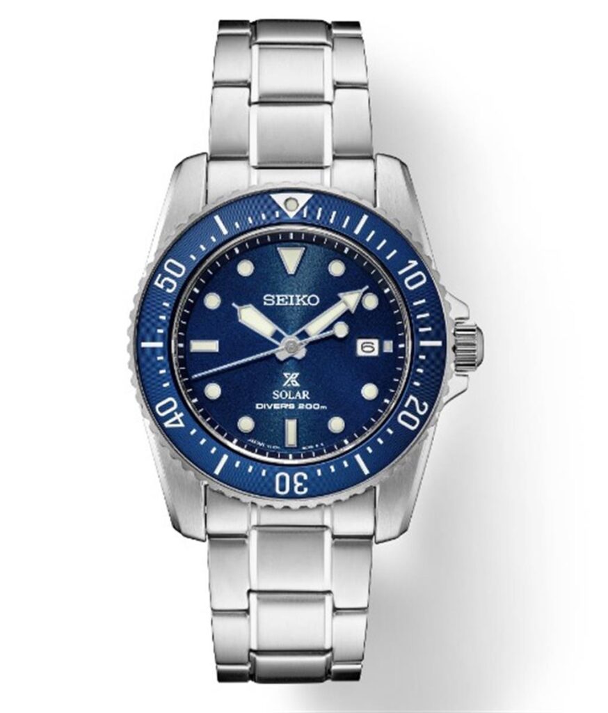 Durable Seiko diving watch with blue dial, stainless steel case, and luminescent markers.